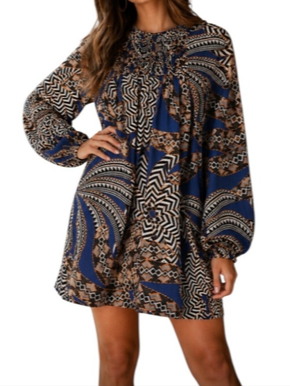 FARM Rio Yawanawa Blue, Brown Geometric Smocked Long-Sleeve Mini Dress-NWOT